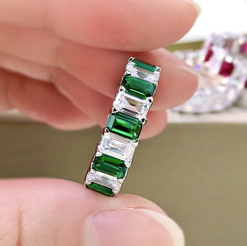 Multi-Colored Eternity Emerald Cut Sterling Silver Wedding Band Shineofidamond