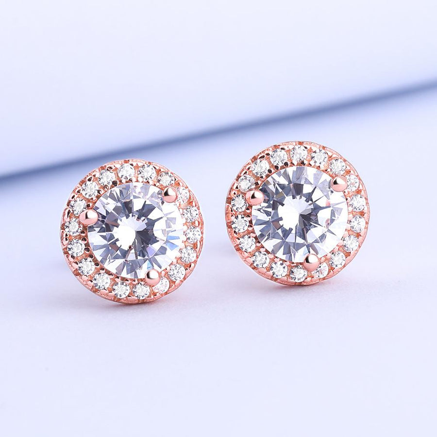 Halo Round Cut Sterling Silver Stud Earrings Shineofidamond