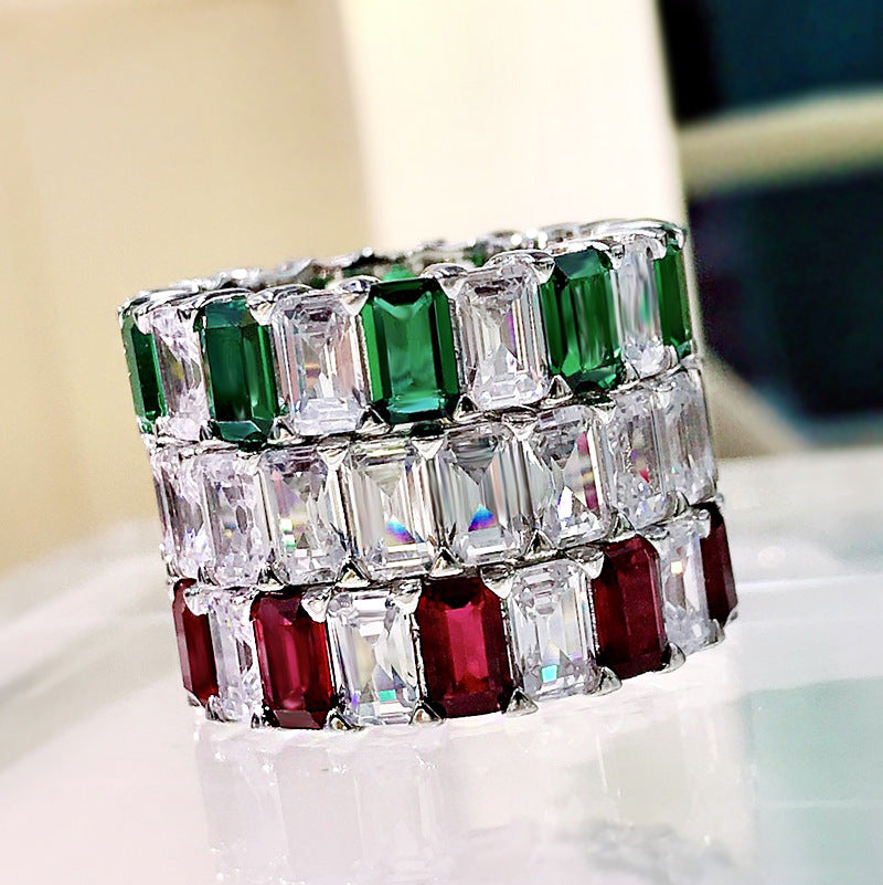Multi-Colored Eternity Emerald Cut Sterling Silver Wedding Band Shineofidamond