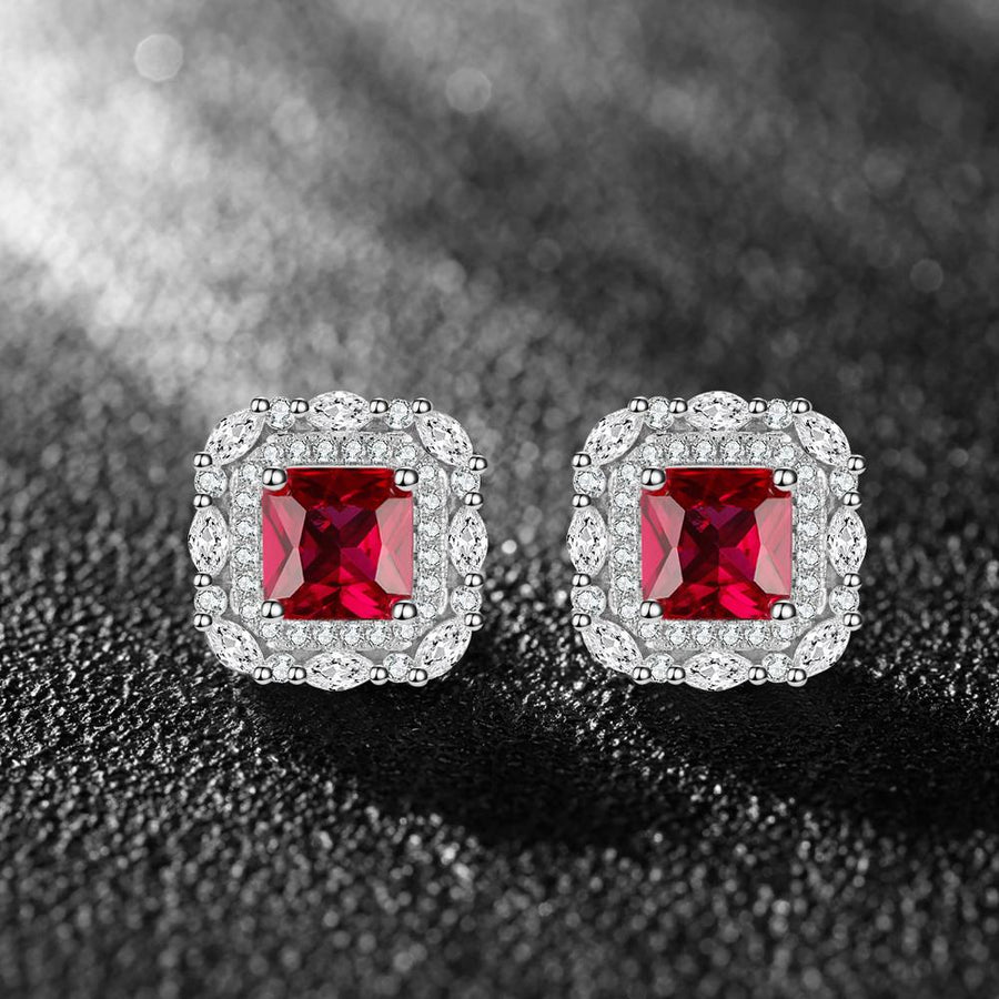 Red Gem Double Halo 925 Sterling Silver Stud Earrings Shineofidamond