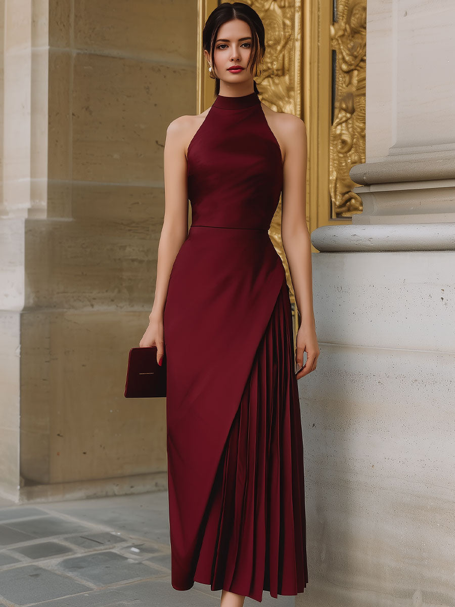 Burgundy Halter-Neck Asymmetric Pleated Midi Dress SN