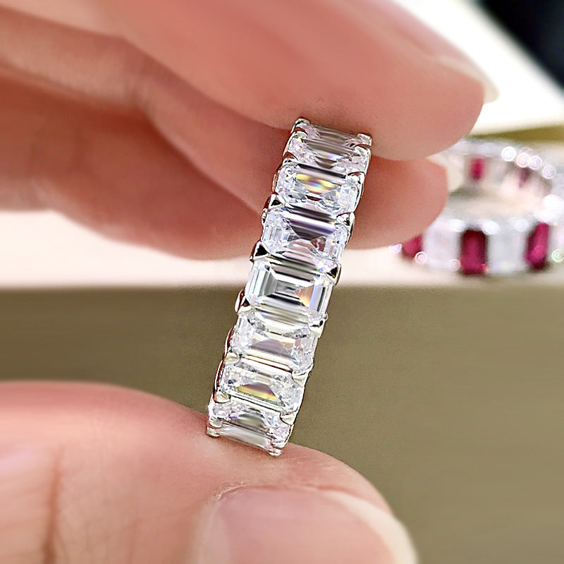 Multi-Colored Eternity Emerald Cut Sterling Silver Wedding Band Shineofidamond