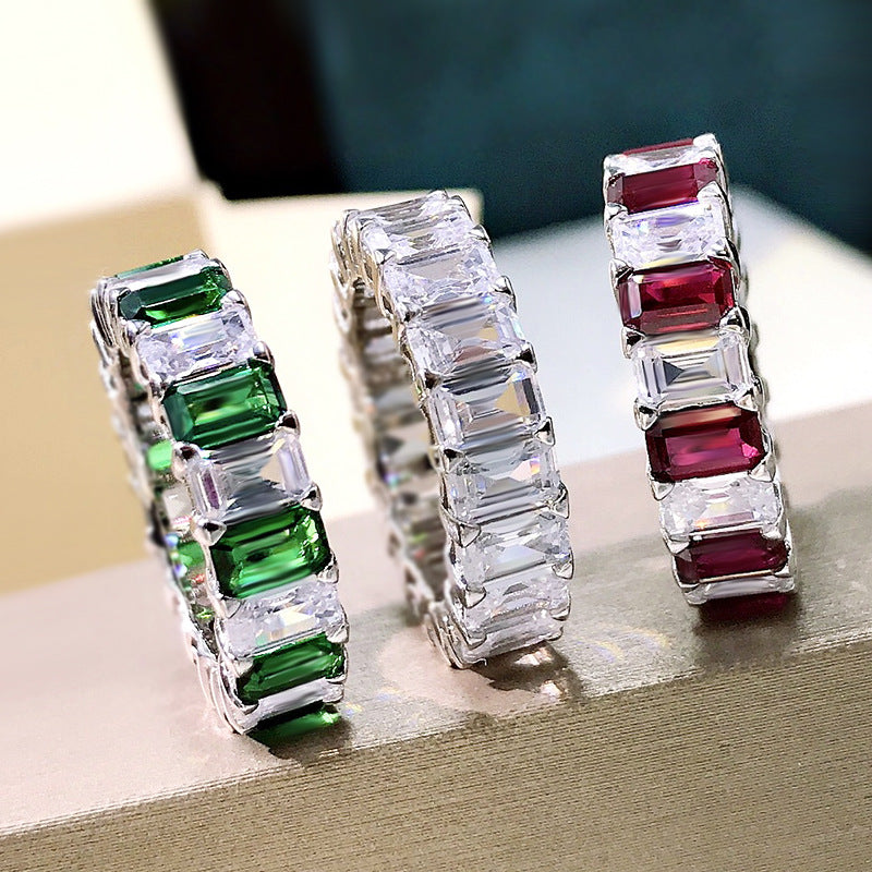 Multi-Colored Eternity Emerald Cut Sterling Silver Wedding Band Shineofidamond
