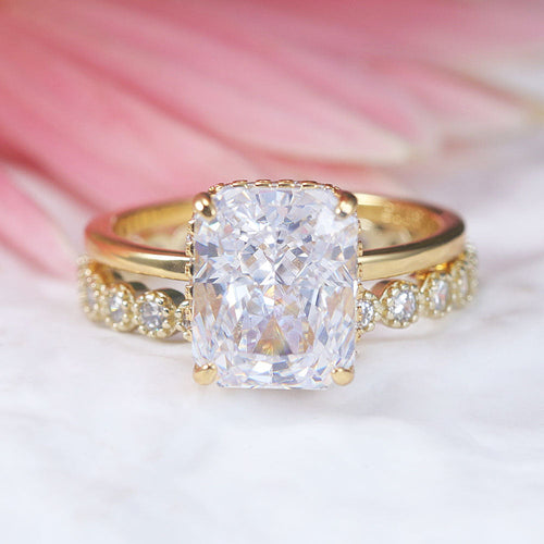 2 Pcs Radiant Cut With Hidden Halo Design Sterling Silver Ring Set Shine of Diamond