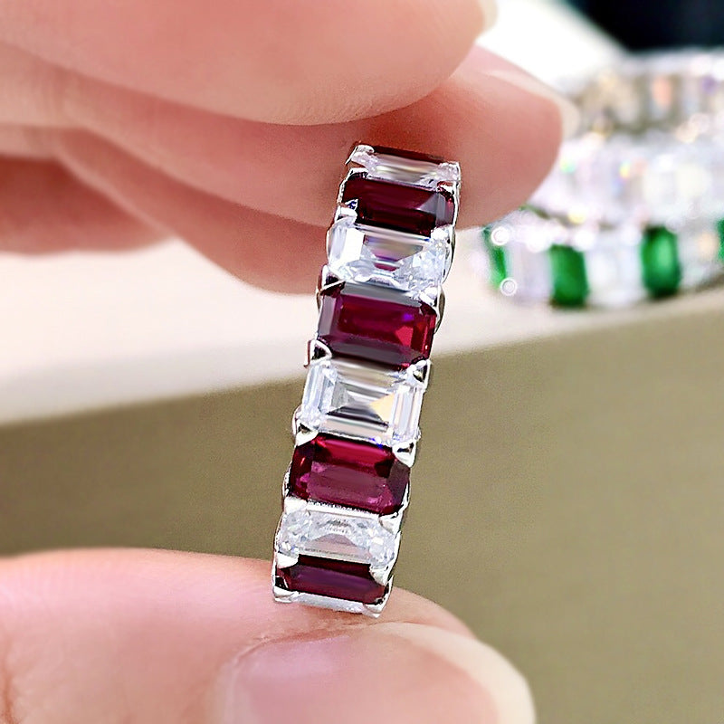 Multi-Colored Eternity Emerald Cut Sterling Silver Wedding Band Shineofidamond