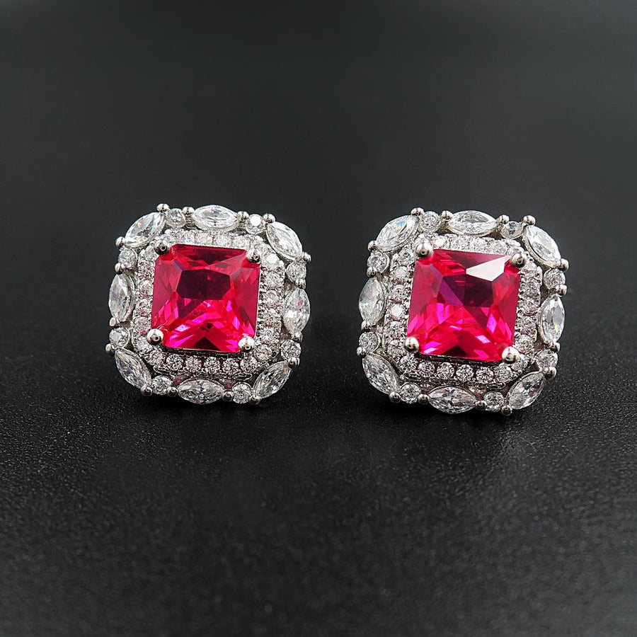 Red Gem Double Halo 925 Sterling Silver Stud Earrings Shineofidamond