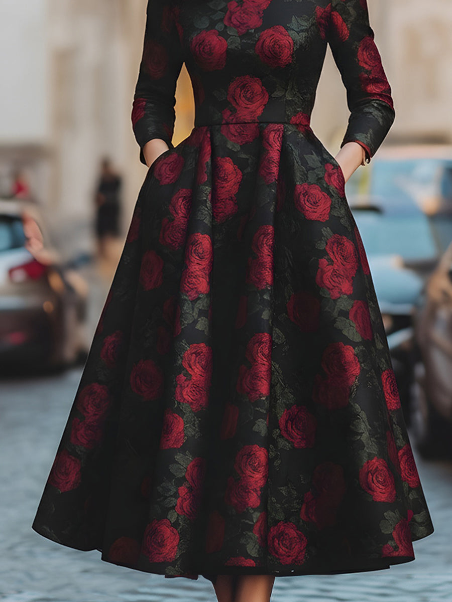 Elegant Jacquard Rose Print Midi Dress HWT