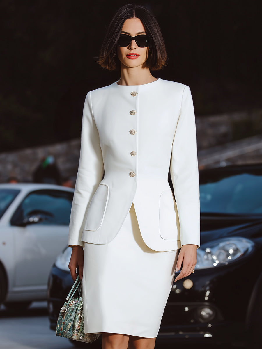 Elegant Tailored Skirt Suit With Sculpted Peplum Jacket HWT
