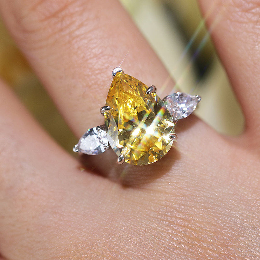 Classic Three Stone Yellow Pear Cut Sterling Silver Engagement Ring Shine of Diamond