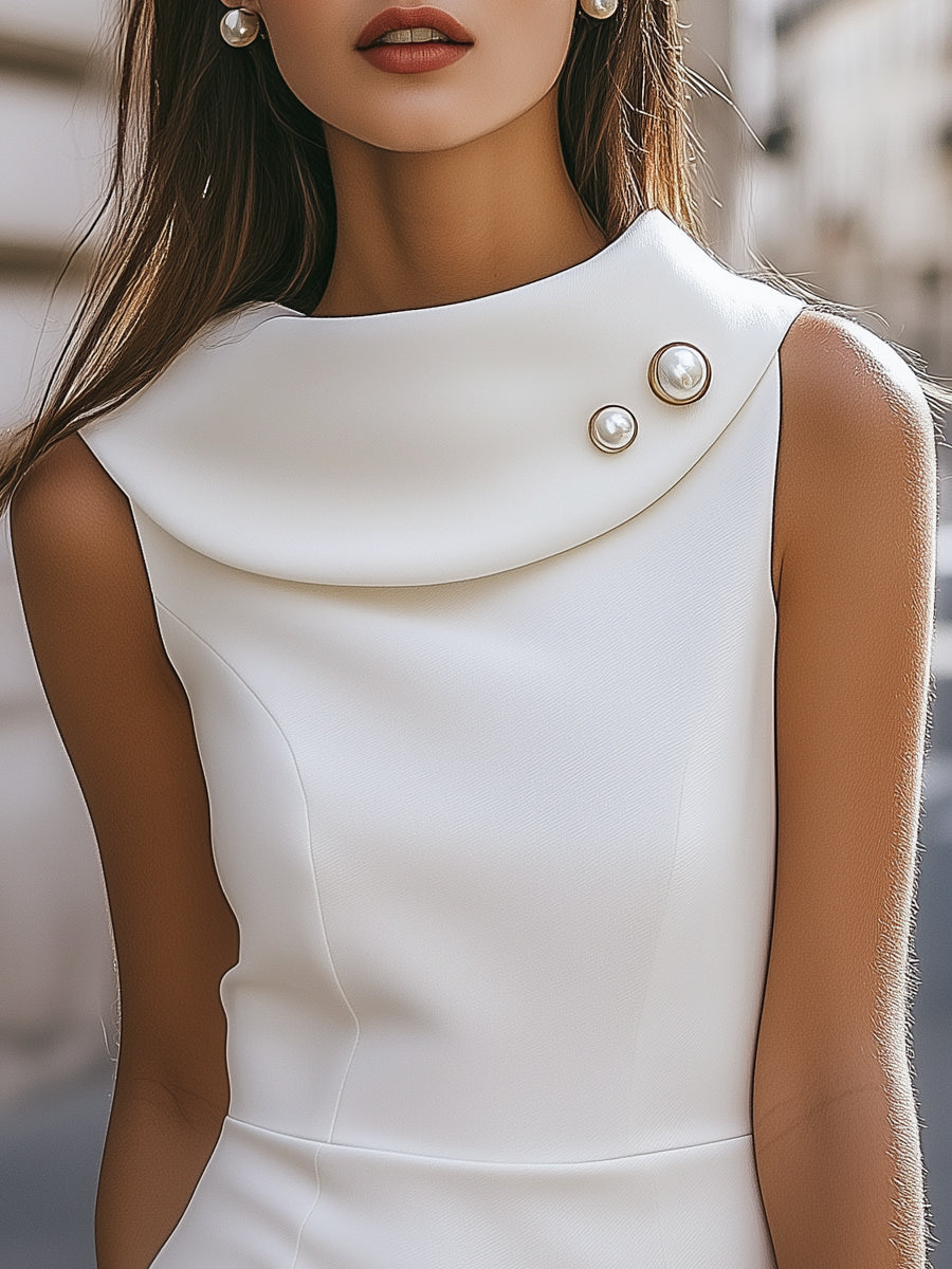 Chic Fold-Over Collar Sleeveless Satin Dress MLZ