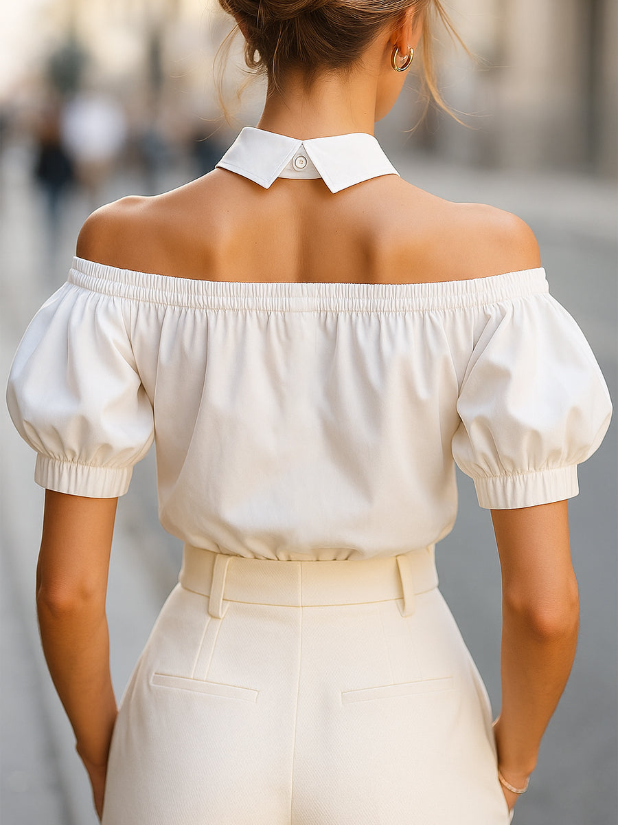 Chic Off-Shoulder Button-Up Blouse with Statement Collar MLZ