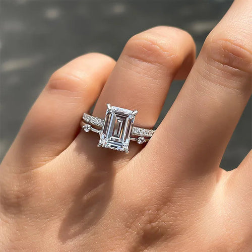 2PCS Emerald Cut Bridal Set Rings In Sterling Silver shineofdiamond