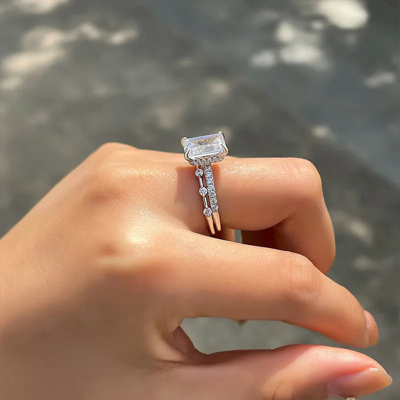 2PCS Emerald Cut Bridal Set Rings In Sterling Silver shineofdiamond