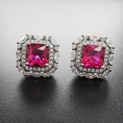 Red Gem Double Halo 925 Sterling Silver Stud Earrings Shineofidamond