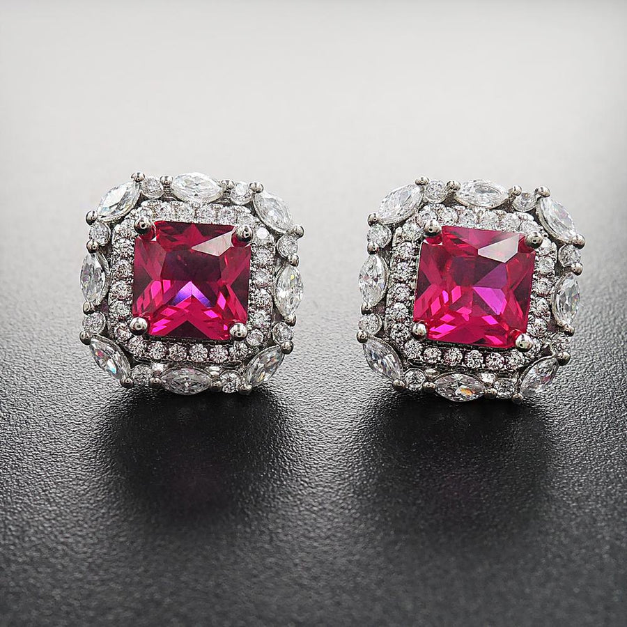 Red Gem Double Halo 925 Sterling Silver Stud Earrings Shineofidamond
