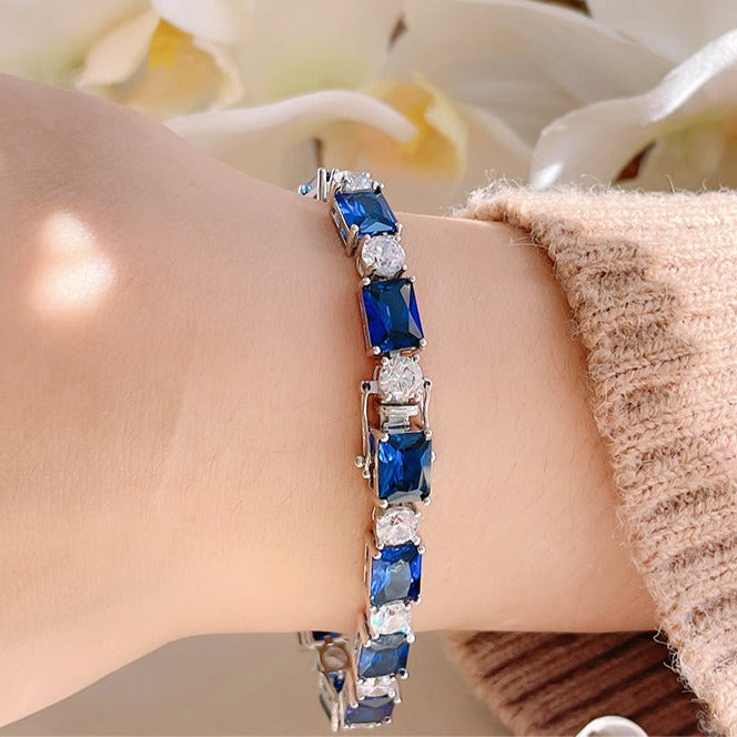 Classic Baguette Emerald Blue Red Gemstone Tennis Bracelet in Sterling Silver Shineofdiamond