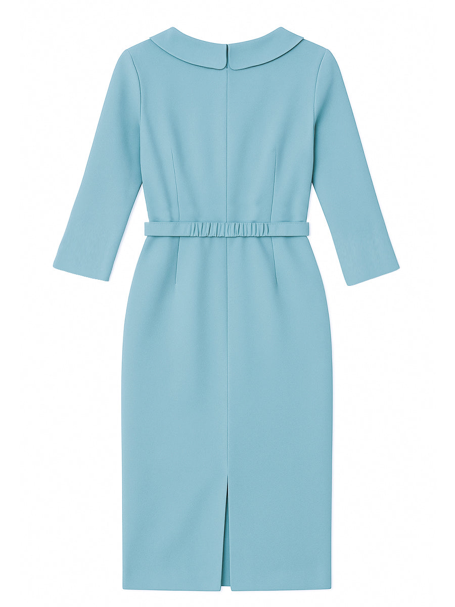 Draped Collar Pencil Midi Dress In Powder Blue XYS