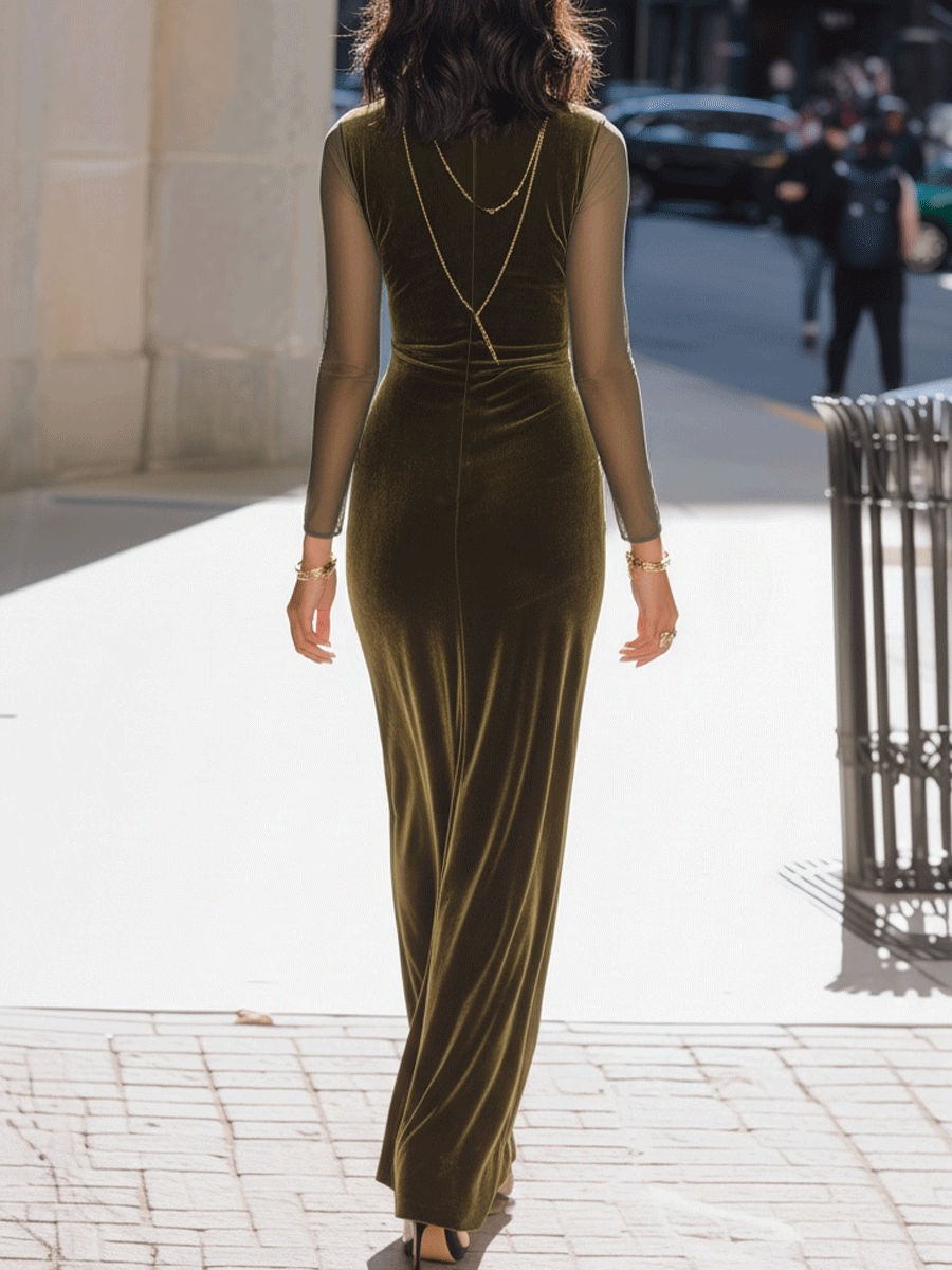 Olive Velvet Gown With Sheer Sleeves XYS