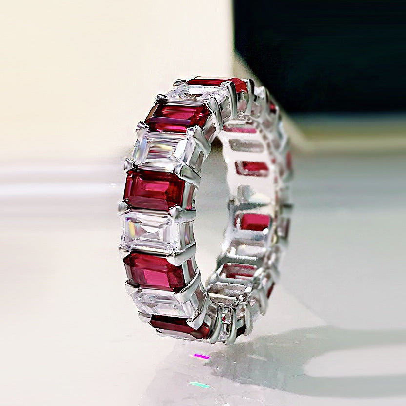 Multi-Colored Eternity Emerald Cut Sterling Silver Wedding Band Shineofidamond