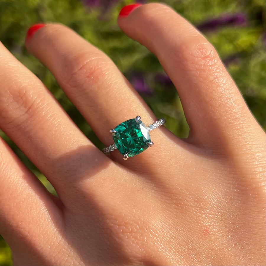 Retro Green Cushion Cut Hidden Halo Sterling Silver Engagement Ring Shine of Diamond