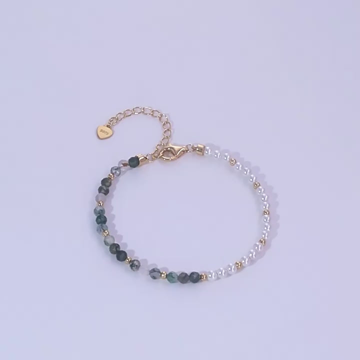 Natural Water Grass Agate with Pearls Sterling Silver Bracelet Shine of Diamond