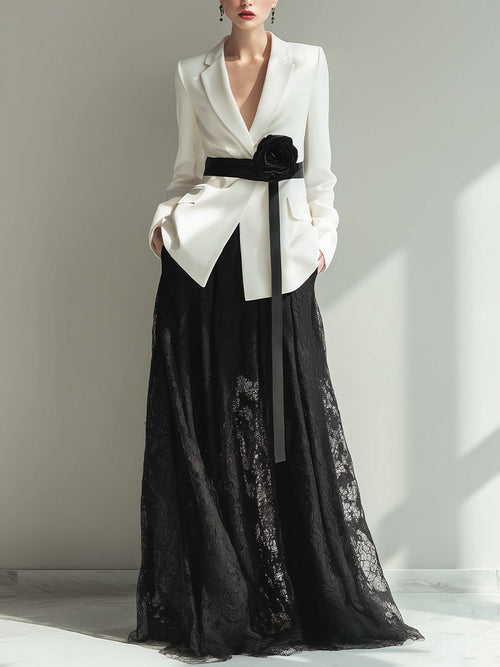Elegant Two-Piece Tailored Blazer & Lace Maxi Skirt Set ZJ