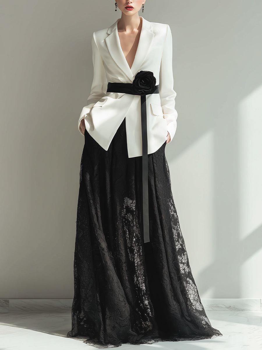 Elegant Two-Piece Tailored Blazer & Lace Maxi Skirt Set ZJ
