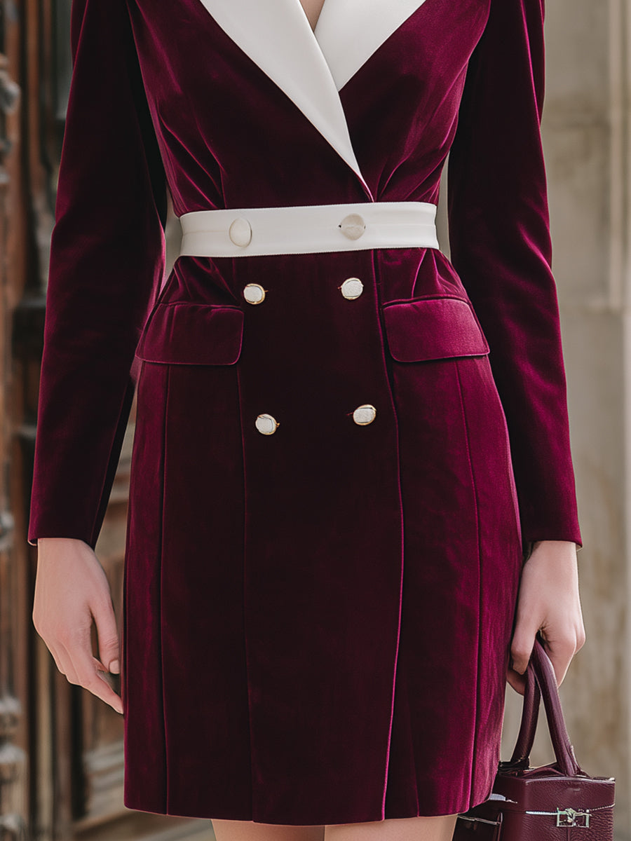 Burgundy Velvet Contrast-Lapel Double-Breasted Blazer Dress ZJ
