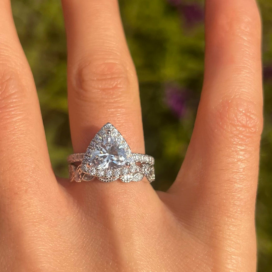 Unique 2 Pcs Triangle Shape Sterling Silver Bridal Set Shine of Diamond