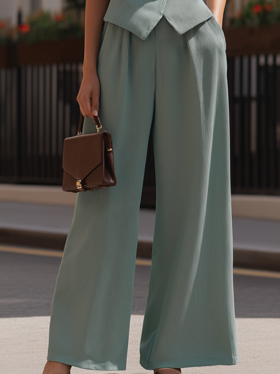 Belted Sleeveless Tailored Vest & Wide-Leg Pants Set MLZ