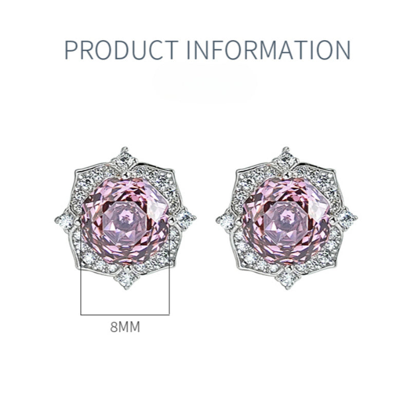 Pink Flower Design Sterling Silver Stud Earrings Shine of Diamond