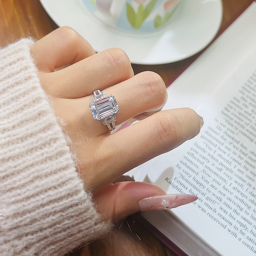 Emerald-Cut Three-Stone Engagement Ring in 925 Sterling Silver Shine of Diamond
