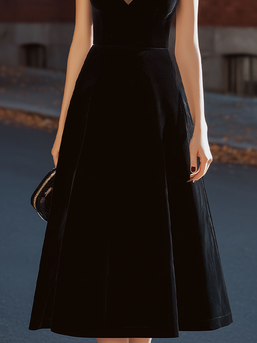 Black Velvet Sleeveless Mesh V-Neck Fit & Flare Midi Dress SN