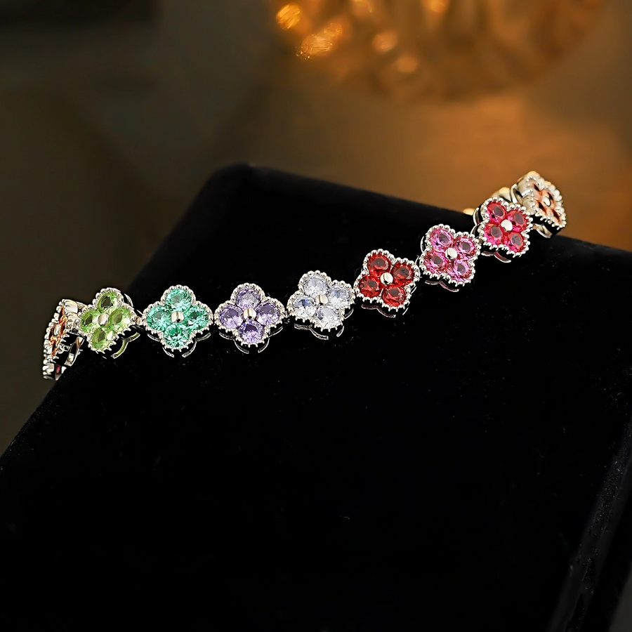 Clovers Design Multicolor Gemstone Bracelet in Sterling Silver Shine of Diamond