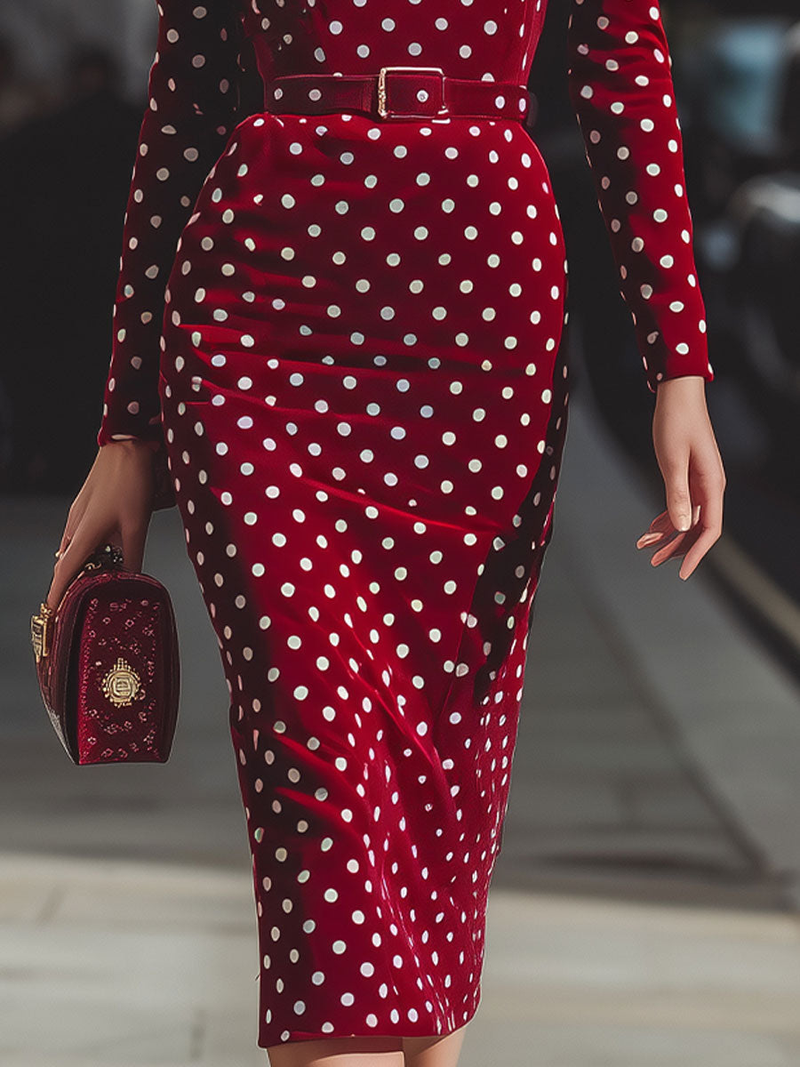 Vintage-Inspired Red Polka Dot Velvet Midi Dress SN