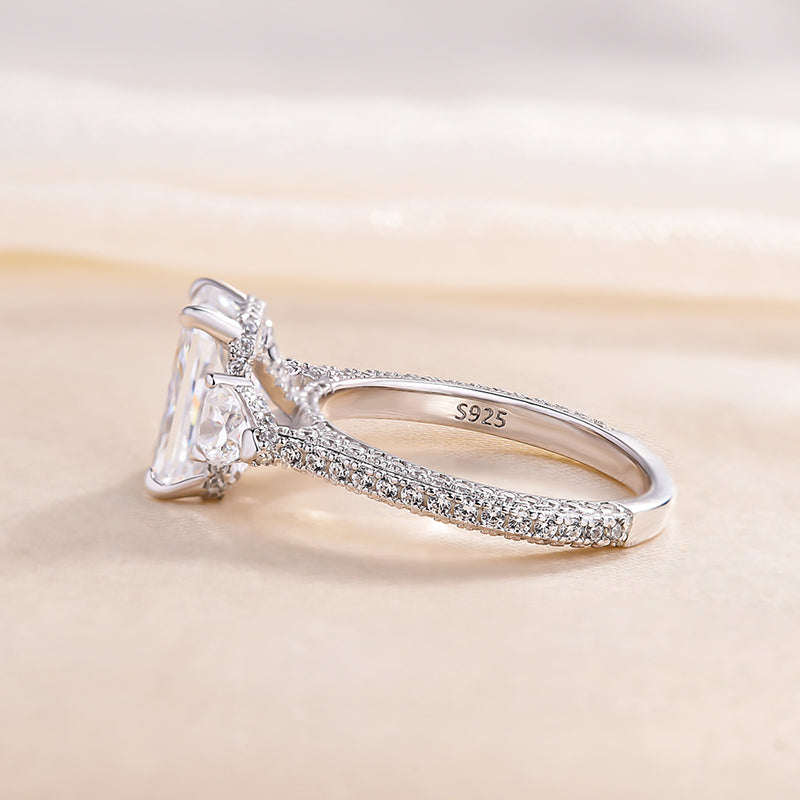 Radiant Cut Three Stone Engagement Ring With Two Heart Cut Side Stones shine of diamond