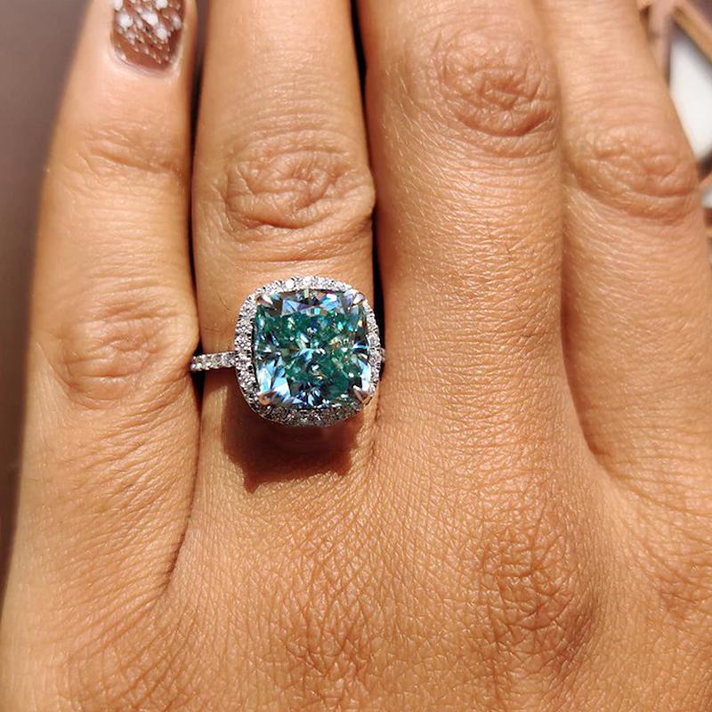 Exquisite Halo Cushion Cut Cyan Blue Sterling Silver Engagement Ring Shineofdiamond