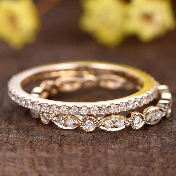 2pcs Golden Tone Art Decor Eternity Stackable Wedding Band Shineofidamond