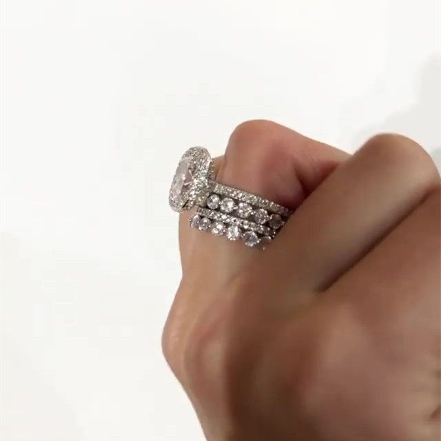 4 Pcs Vintage Handmade Cushion Cut Halo Sterling Silver Bridal Set Shineofdiamond
