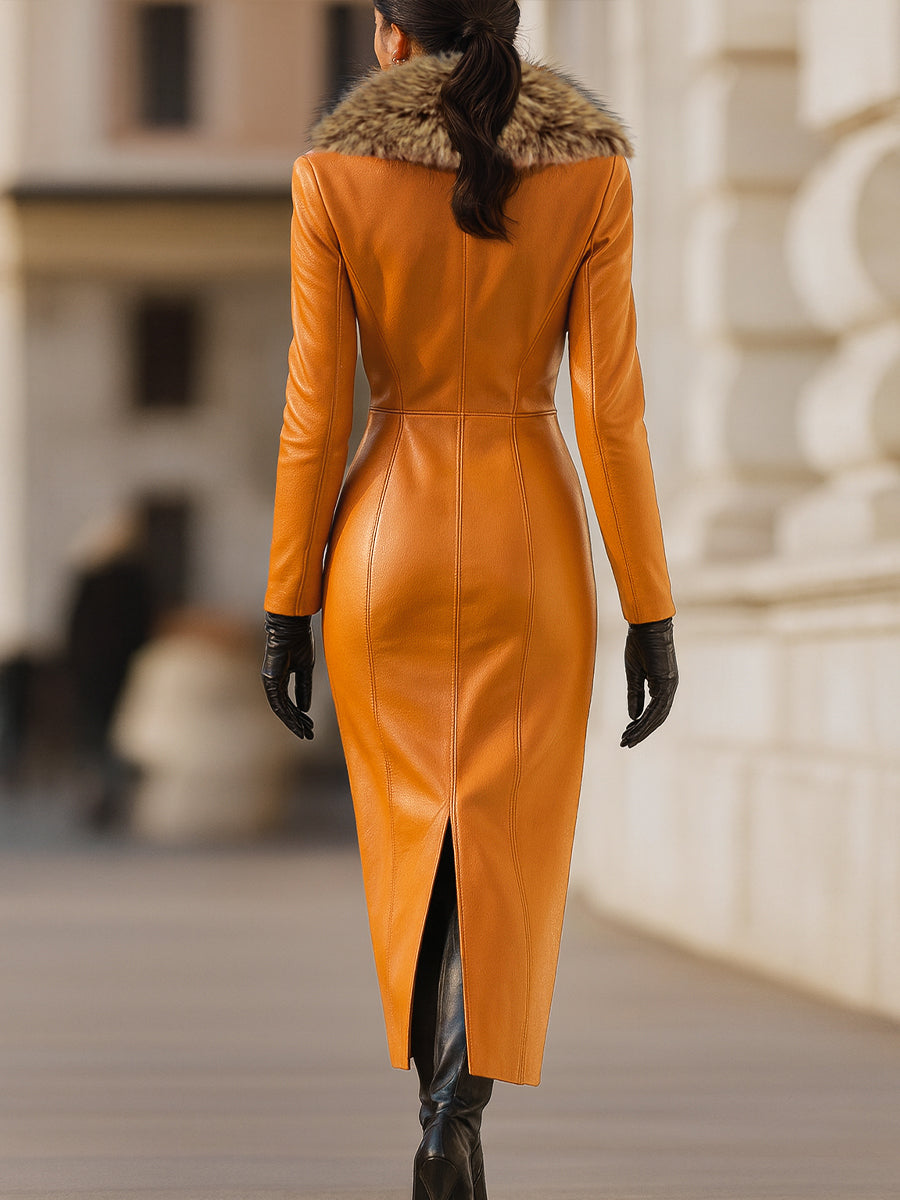 Orange Faux Leather Maxi Dress With Luxurious Fur Collar ZJ