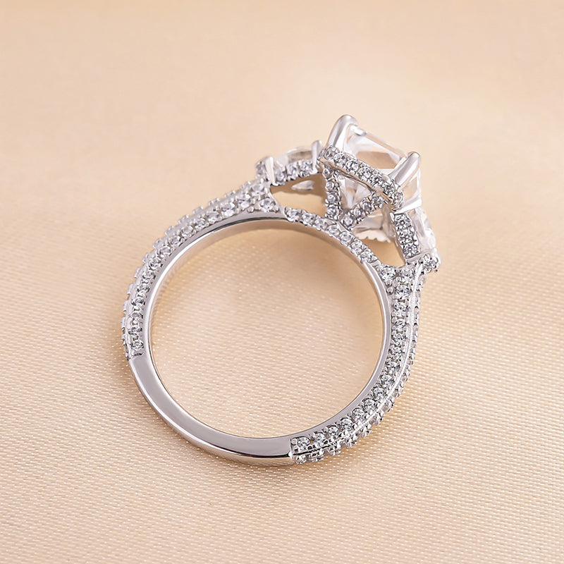 Radiant Cut Three Stone Engagement Ring With Two Heart Cut Side Stones shine of diamond