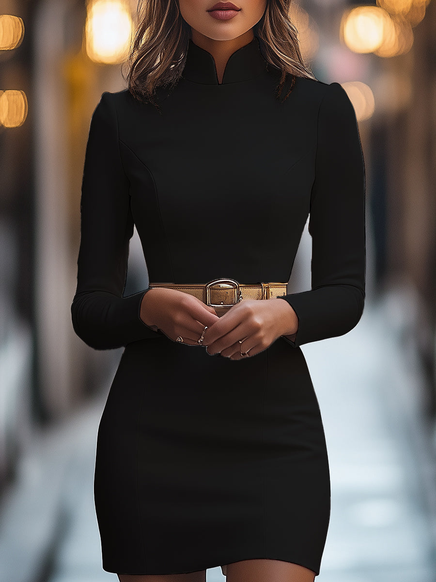 Elegant White Mandarin Collar Dress with Belt Design ZJ