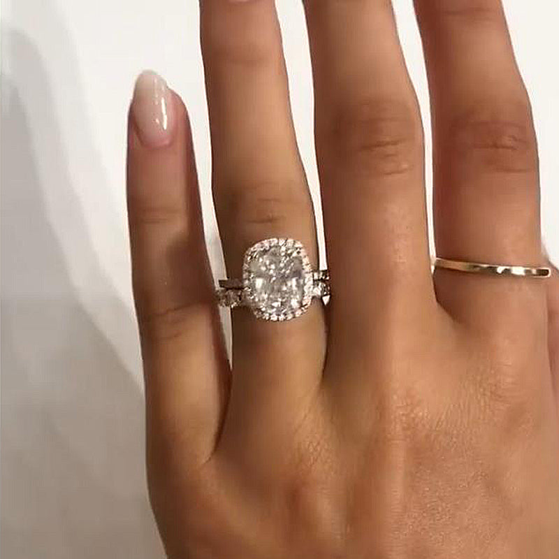 Stunning Halo Cushion Cut Sterling Silver Bridal Set shine of diamond