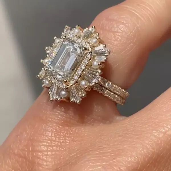 Retro Pearl Decor Emerald Cut Sterling Silver Bridal Set Shineofidamond