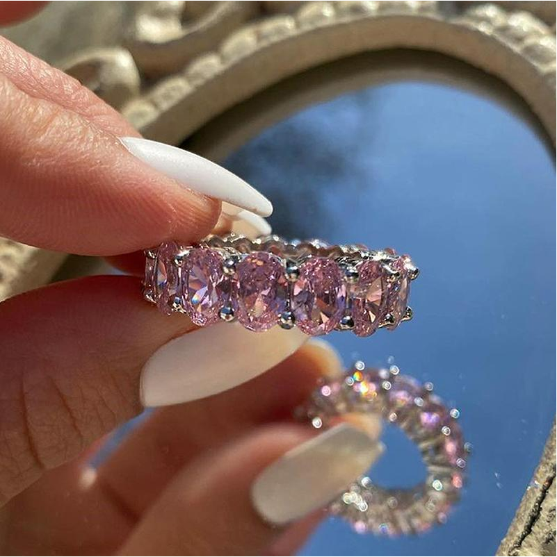 Stunning Oval Cut Pink High-Gemstone Sterling Silver Wedding Band Shineofdiamond