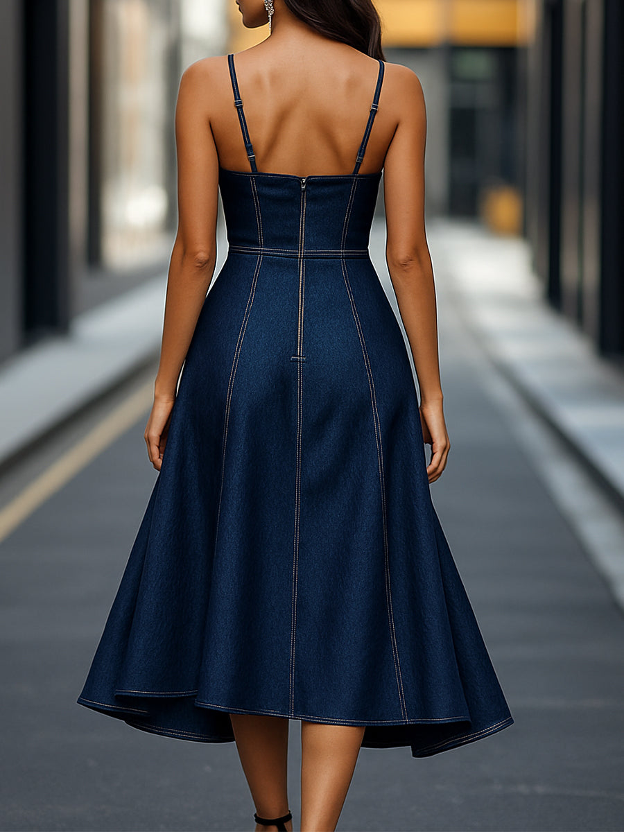 Dark Indigo Sleeveless Denim Midi Dress ZJ