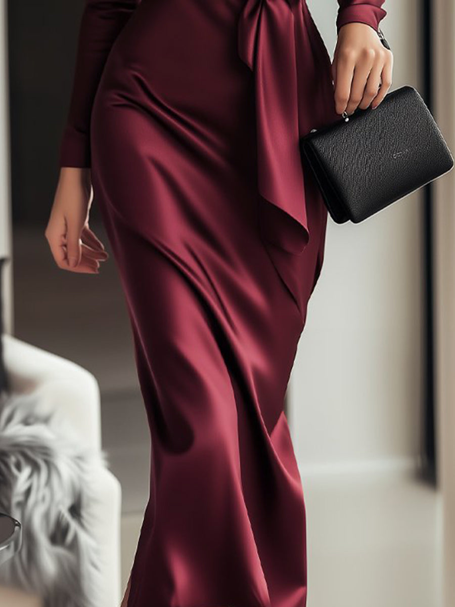 Timeless Burgundy Satin Wrap Dress with Waist Tie Detail ZJ
