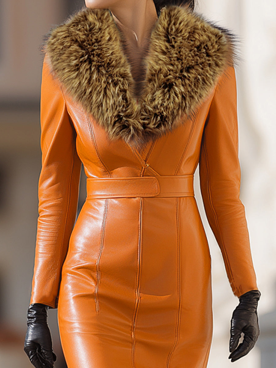 Orange Faux Leather Maxi Dress With Luxurious Fur Collar ZJ