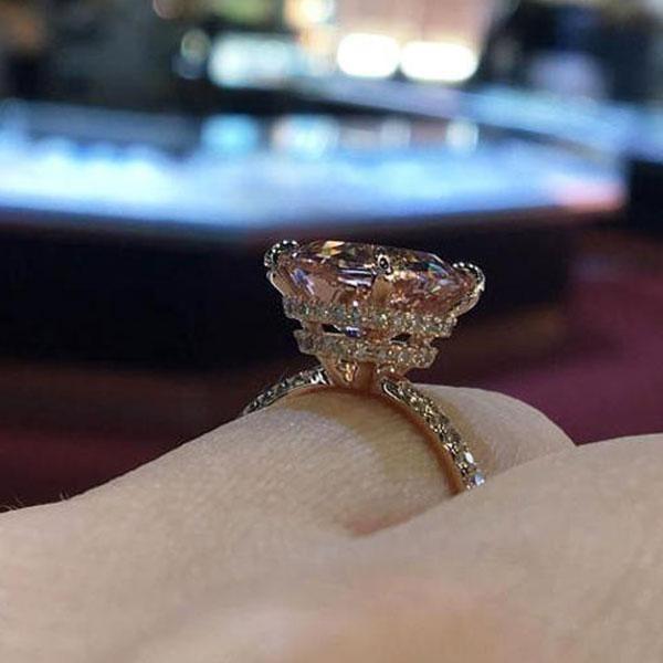 Rose Golden Cushion Cut Engagement Ring with Under Double Halo Shineofdiamond