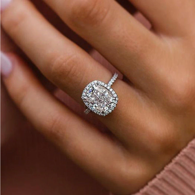 Stunning Halo Cushion Cut Sterling Silver Bridal Set shine of diamond